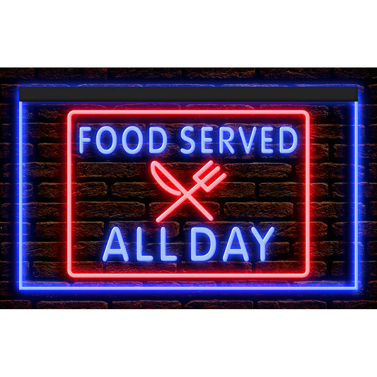 DC110004 Food Served All Day Restaurant Cafe Open Home Decor Display illuminated Night Light Neon Sign Dual Color