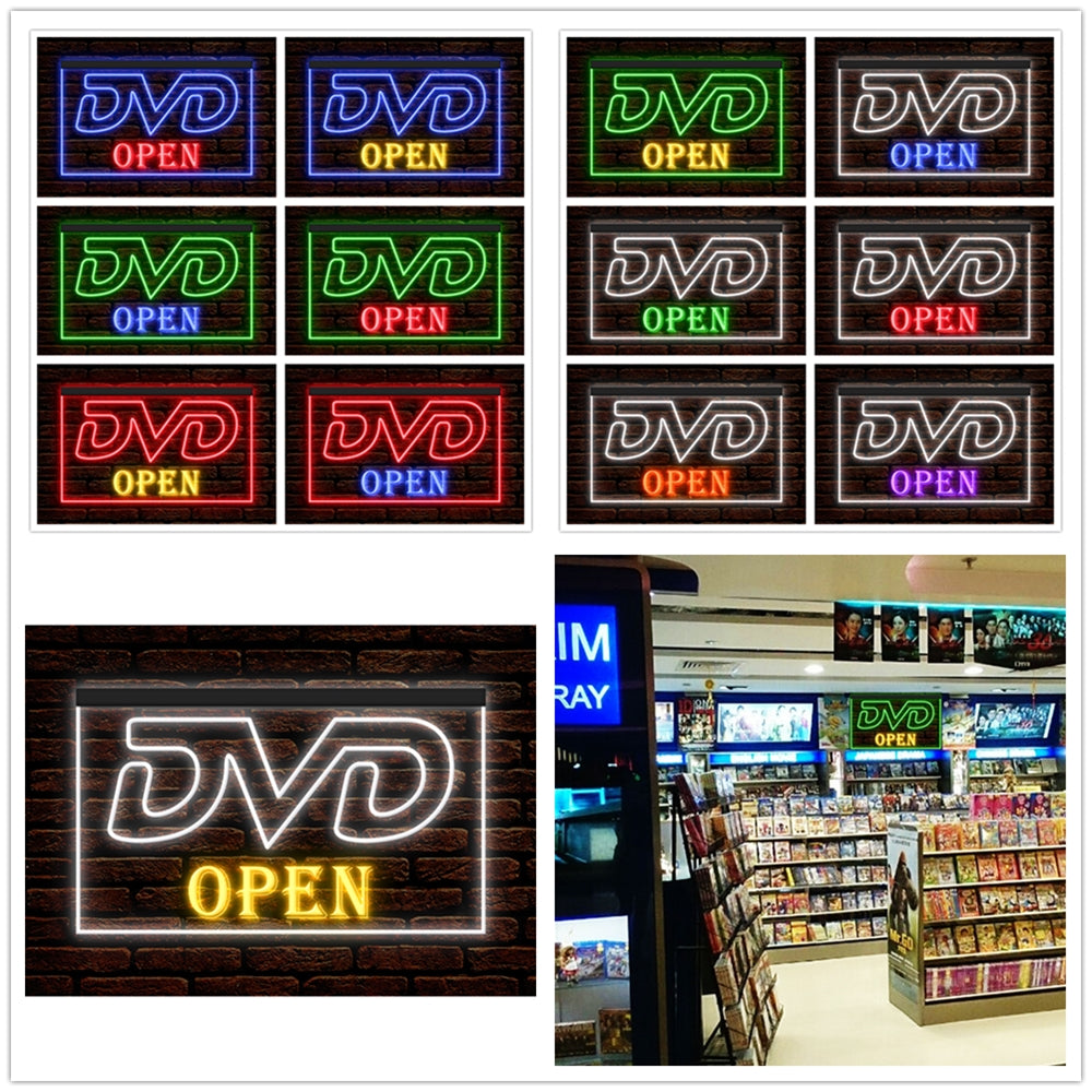 DC140007 DVD Open Disc Shop Video Movie CD Store Display illuminated Night Light Neon Sign Dual Color