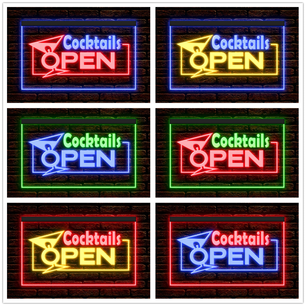 DC170001 Cocktails Open Bar Pub Club Home Decor Display illuminated Night Light Neon Sign Dual Color