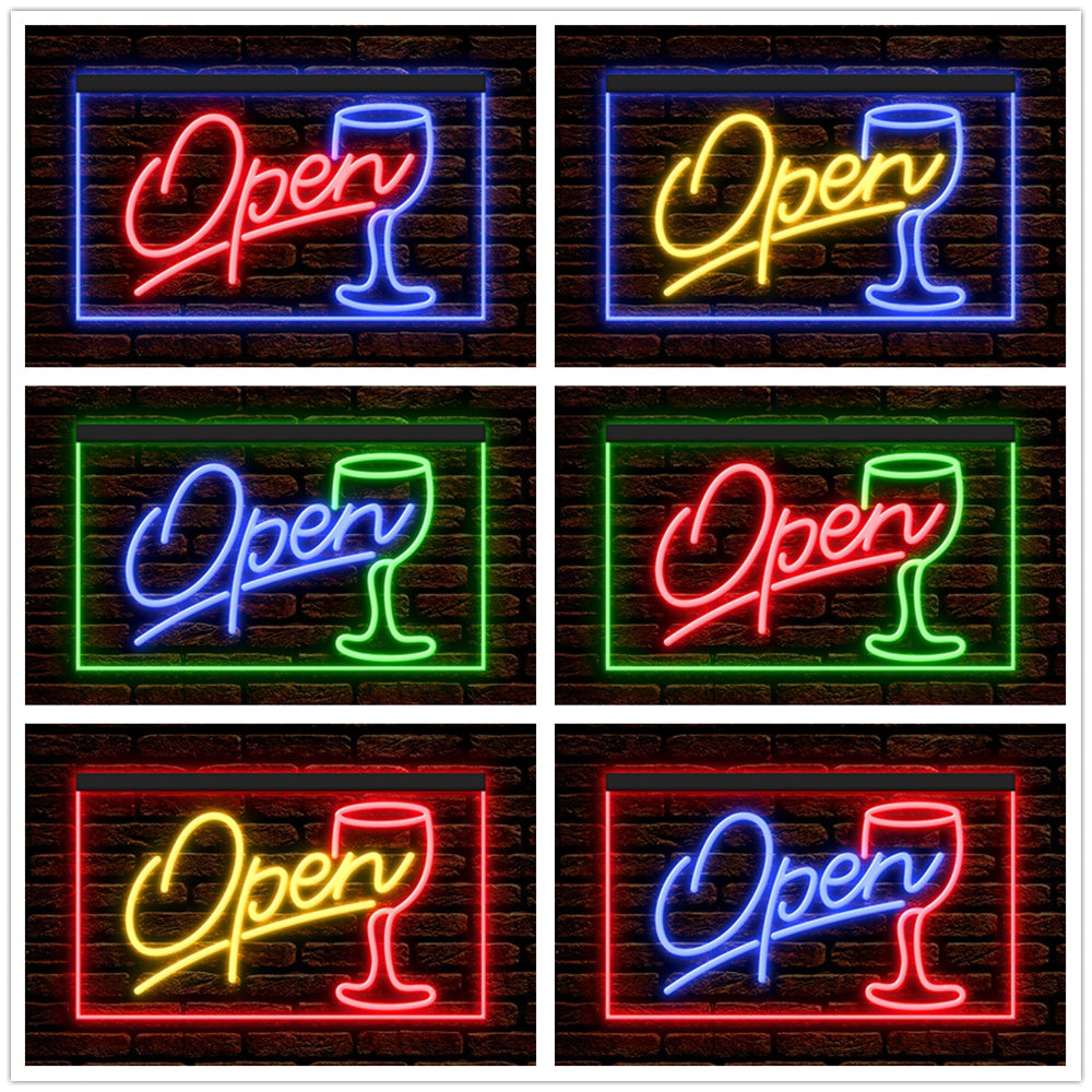 DC170030 Script OPEN Glass Cocktails Bar Pub Display illuminated Night Light Neon Sign Dual Color