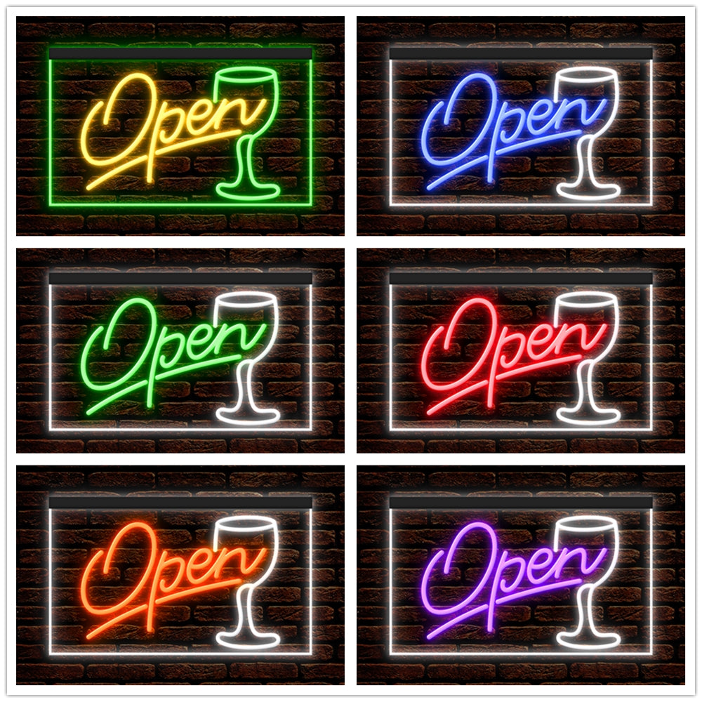 DC170030 Script OPEN Glass Cocktails Bar Pub Display illuminated Night Light Neon Sign Dual Color