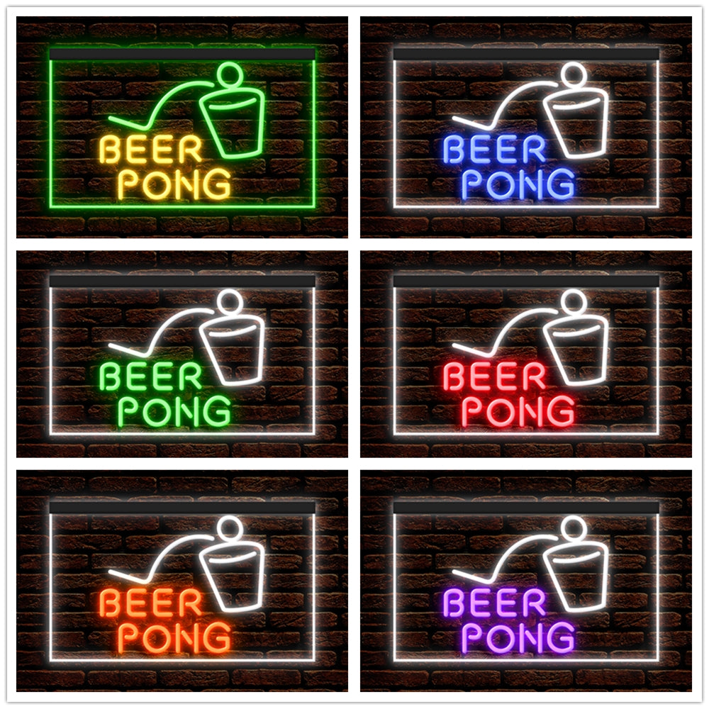 DC170099 Beer Pong Game Bar Happy Hours Home Decor Display illuminated Night Light Neon Sign Dual Color