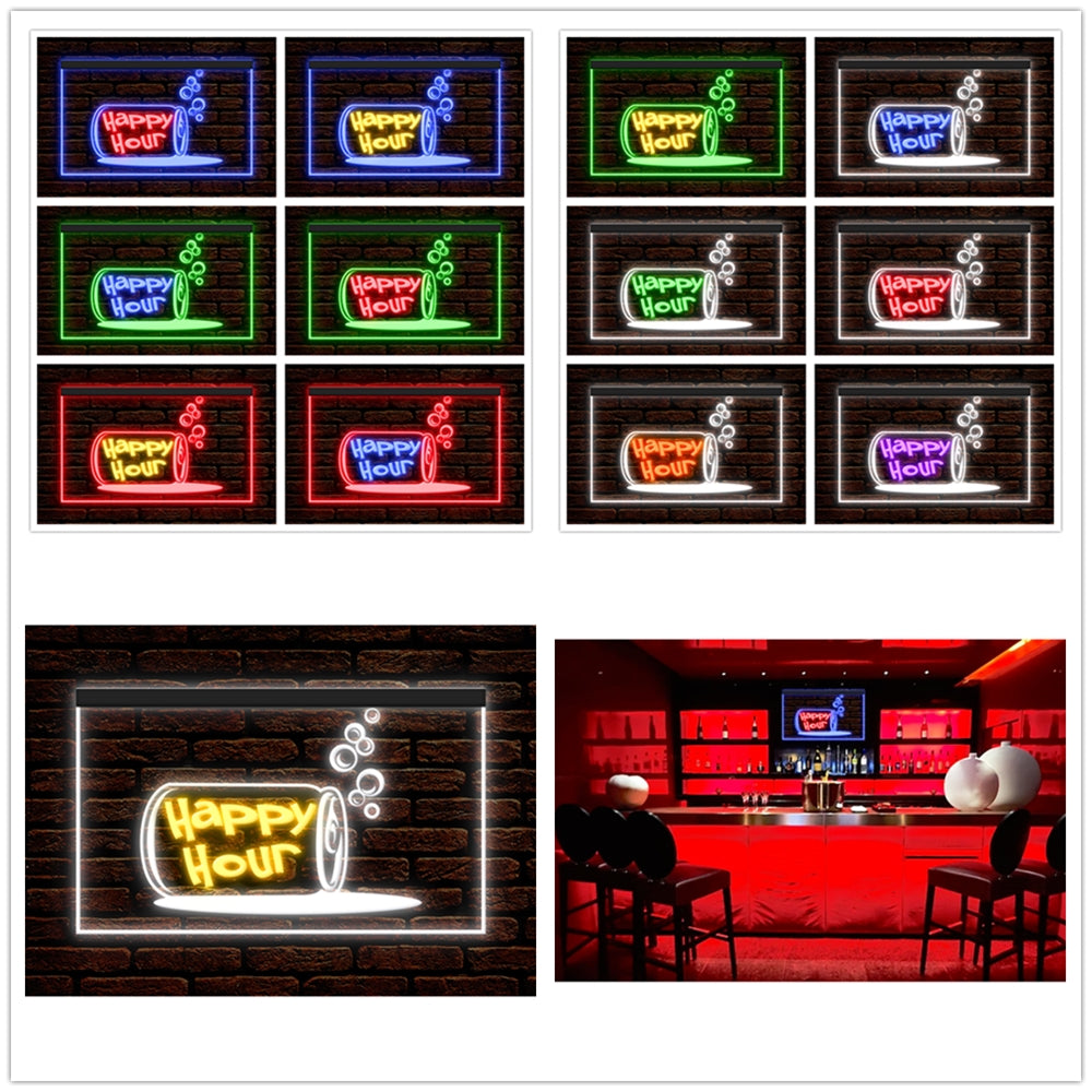 DC170186 Happy Hour Bar Home Decor Open Display illuminated Night Light Neon Sign Dual Color