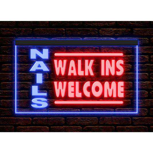 DC160025 Nails Walk Ins Welcome Salon Home Decor Display illuminated Night Light Neon Sign Dual Color
