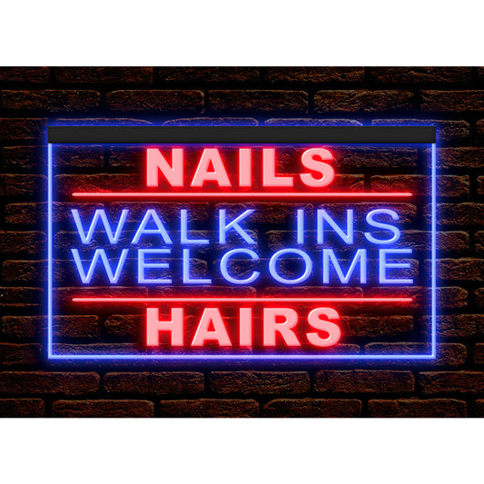 DC160130 Nails Walk In Welcome Hair Shop Open Home Decor Display illuminated Night Light Neon Sign Dual Color